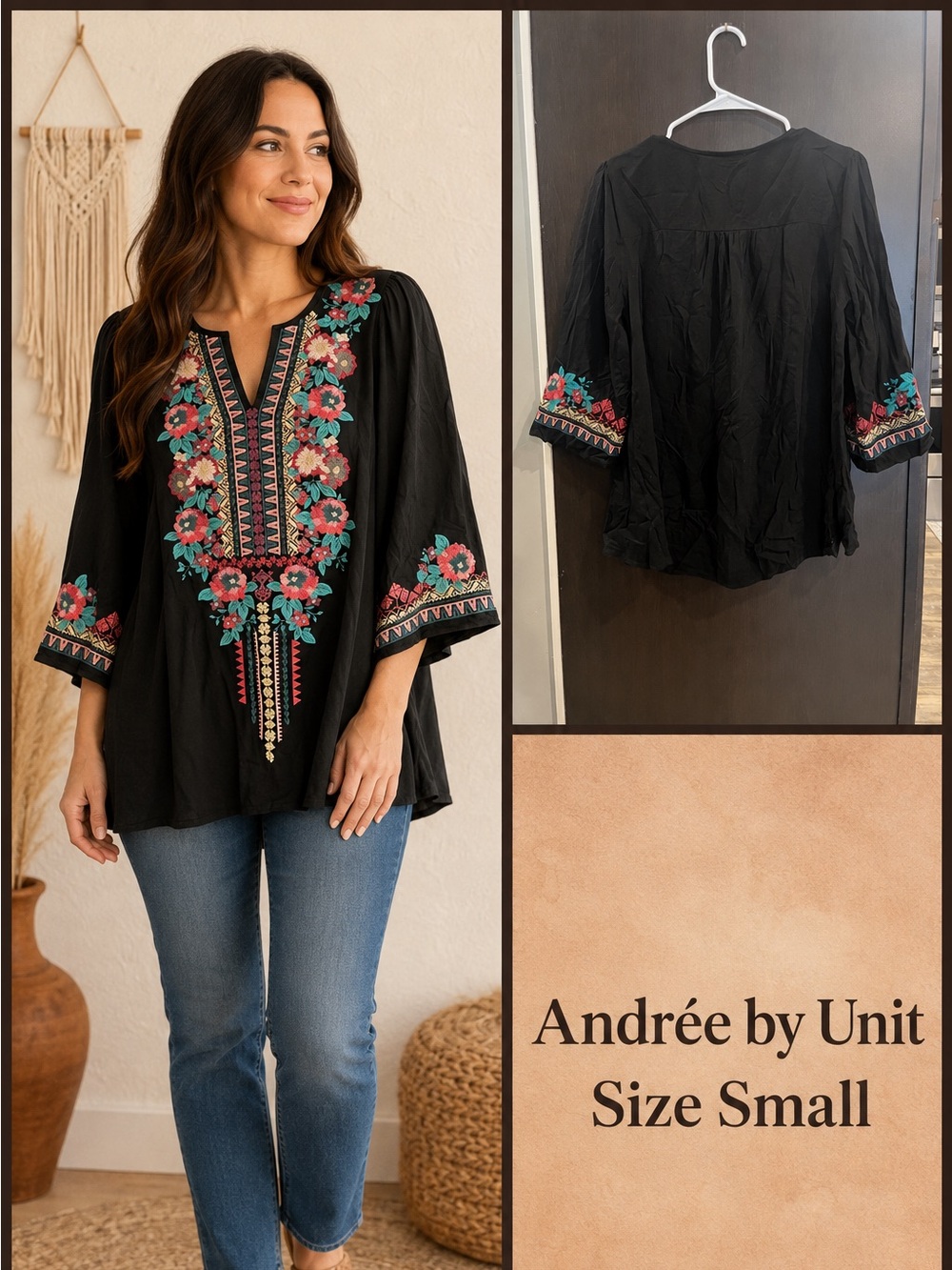 ANDREE BY UNIT Black Embroidered V-Neck Floral Peasant Blouse
